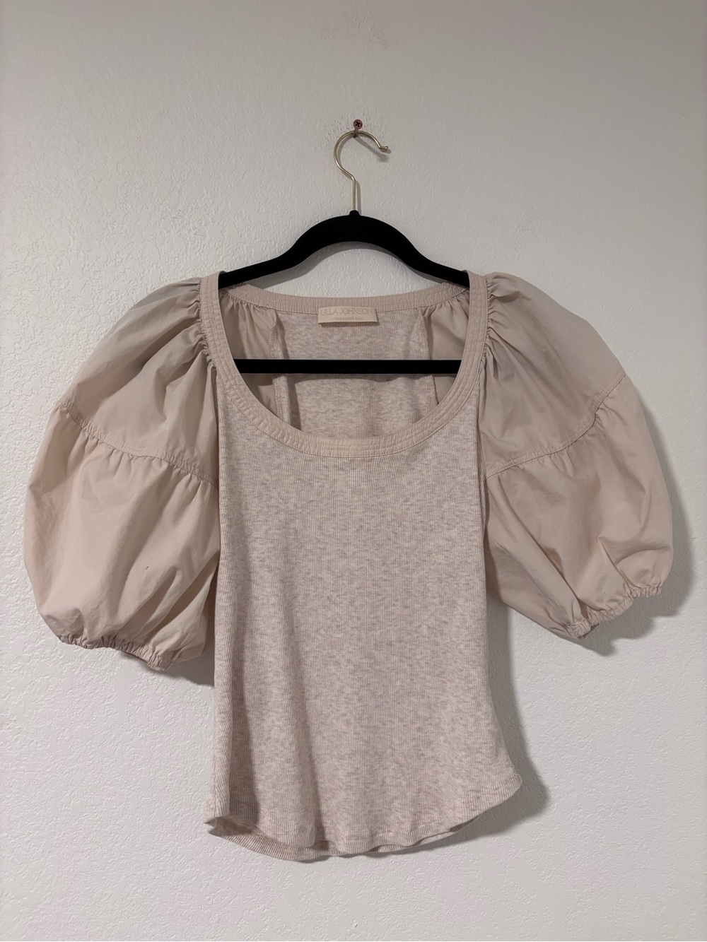 Ulla Johnson Harlowe Pullover Puff-Sleeve Ribbed Scoop Neck Top Light Beige Sz P